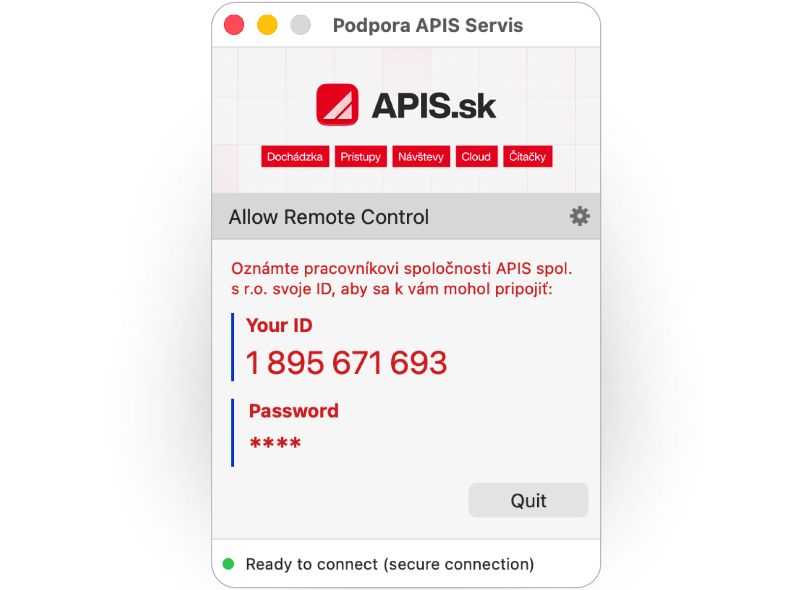 Okno programu ApisServis na vzdialenú servisnú podporu