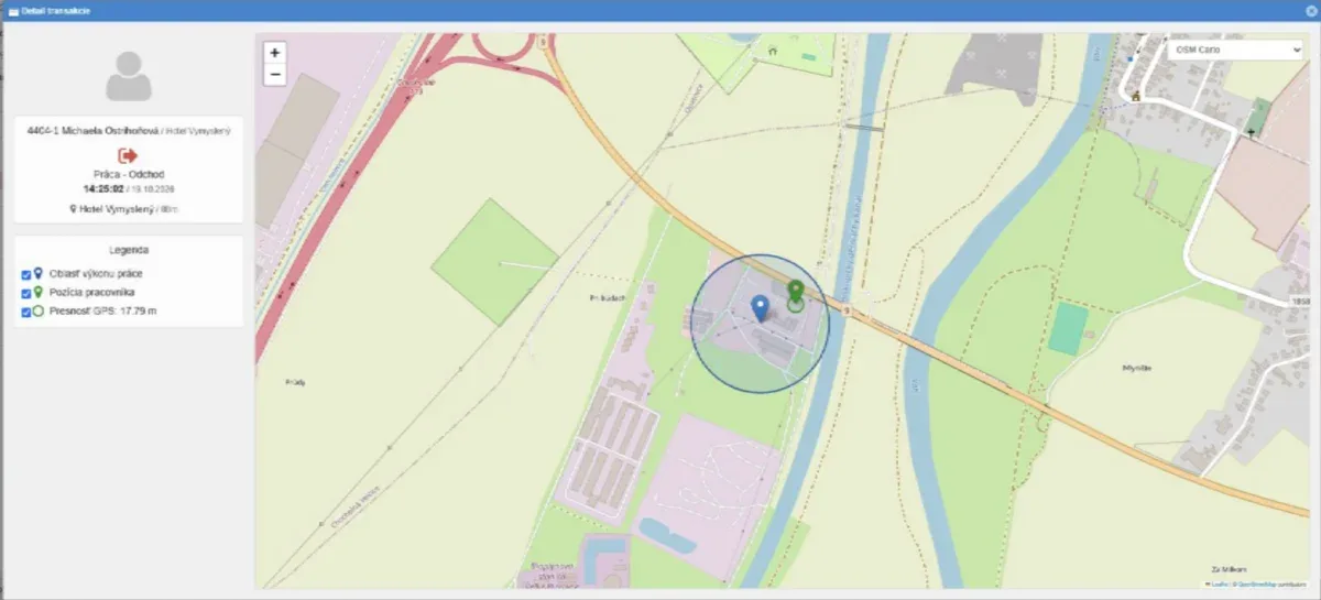 Transaction detail on a map showing the permitted workplace zone and the employee's position