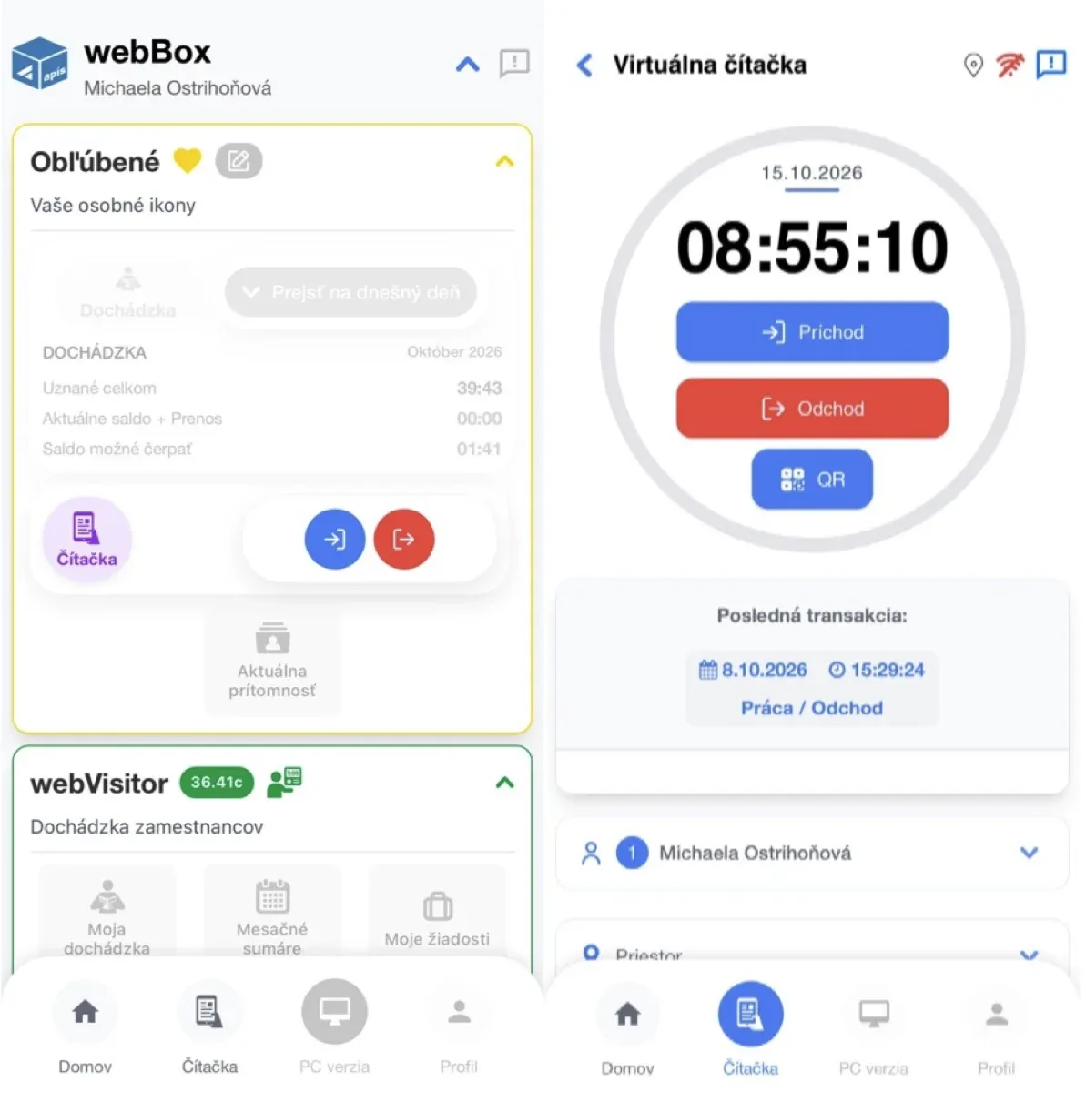 webBox mobile app with a virtual reader for clocking in and out