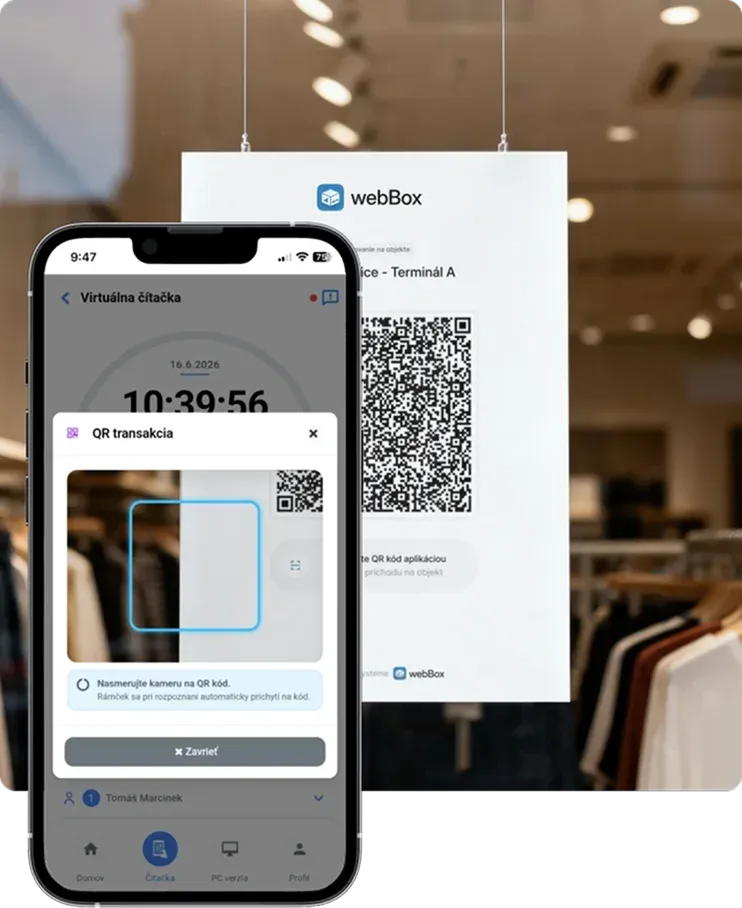 Employee scanning a QR code to record attendance in the webReader app