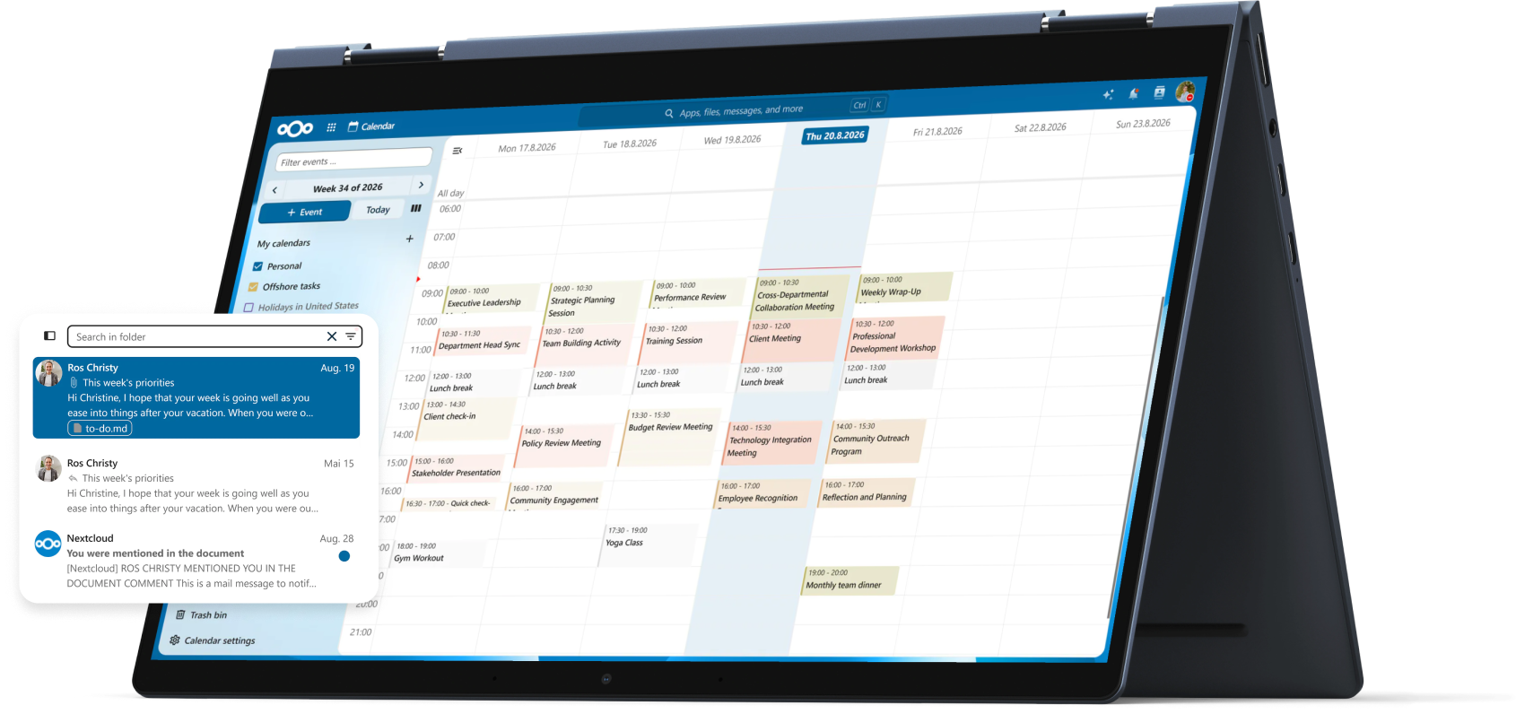 Nextcloud Groupware na tablete: týždenný kalendár a e-mailová schránka